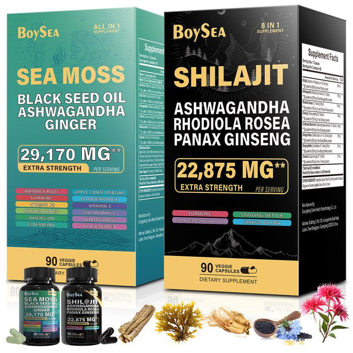 Boysea Sea Moss and Shilajit Bundle - 90 Count - Sea Moss Capsules (Sea Moss, Black Seed Oil) & Pure Shilajit Capsules (Shilajit, Ashwagandha)