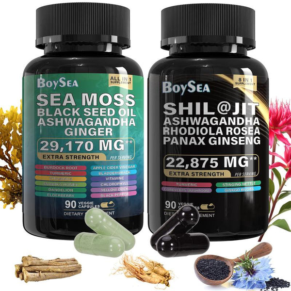 Boysea Sea Moss and Shilajit Bundle - 90 Count - Sea Moss Capsules (Sea Moss, Black Seed Oil) & Pure Shilajit Capsules (Shilajit, Ashwagandha)