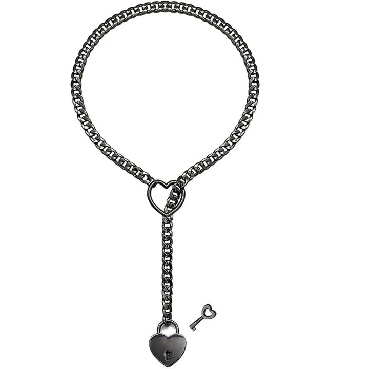 Adjustable Heart O-Ring Punk Rock Cuban Chain Necklace – Lariat Y-Style Necklace with Key & Heart Lock Pendant - Essentially Radiant