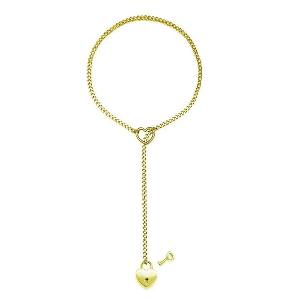 Adjustable Heart O-Ring Punk Rock Cuban Chain Necklace – Lariat Y-Style Necklace with Key & Heart Lock Pendant - Essentially Radiant