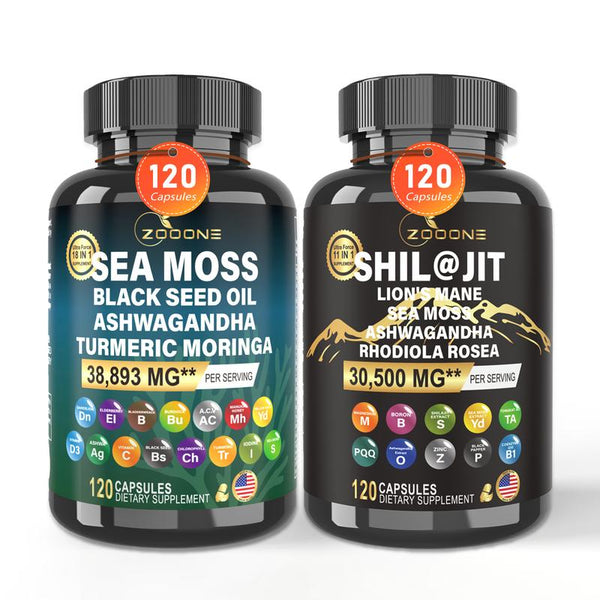 Zooone Sea Moss and Shilajit Bundle - 120 Capsules, All in 1 Supplements (1 Pack) - Edible, Dietary Fitness Healthcare, Vitamin