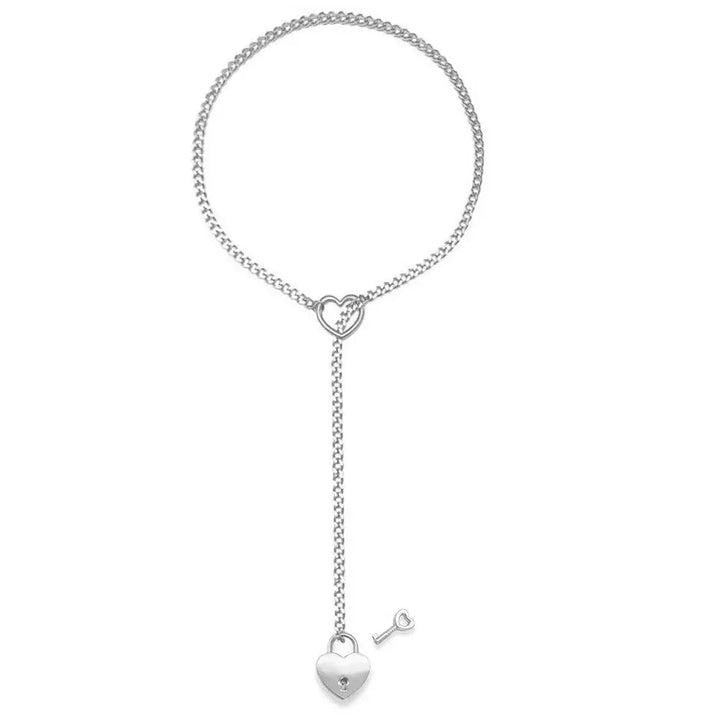 Adjustable Heart O-Ring Punk Rock Cuban Chain Necklace – Lariat Y-Style Necklace with Key & Heart Lock Pendant - Essentially Radiant