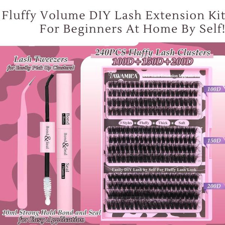 Eyelash Extension Kit 240Pcs Individual Lashes Kit with Bond and Seal and Lash Applicator DIY at Home for Beginner