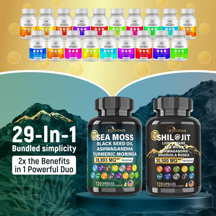 Zooone Sea Moss and Shilajit Bundle - 120 Capsules, All in 1 Supplements (1 Pack) - Edible, Dietary Fitness Healthcare, Vitamin