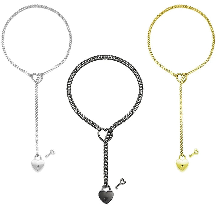 Adjustable Heart O-Ring Punk Rock Cuban Chain Necklace – Lariat Y-Style Necklace with Key & Heart Lock Pendant - Essentially Radiant